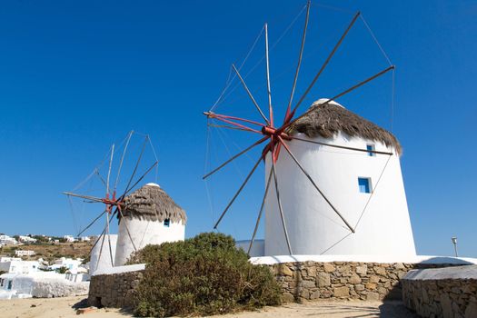 The famous wind mills in Mykonos during day time
