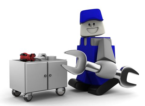 3D Mechanic with tools on white bacground