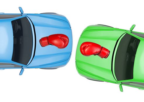 Colorful cars with boxing gloves on isolated white background, close-up view