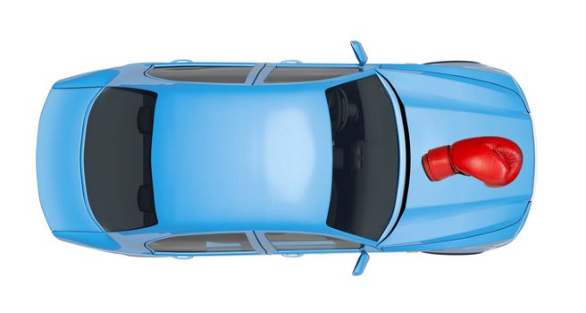 Blue car with boxing glove on isolated white background, top view