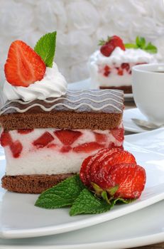 Strawberry souffle on a chocolate sponge cake 