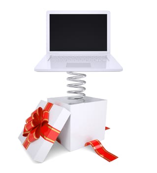 Gift box with red band and laptop on spring on isolated white background