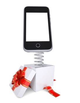 Gift box with red band and smartphone on spring on isolated white background
