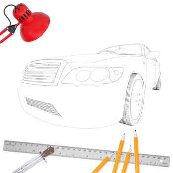 Graphic car model and office stuff on isolated white background, side view