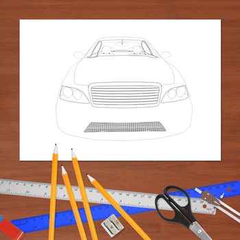Graphic car model and office stuff on white paper, front view