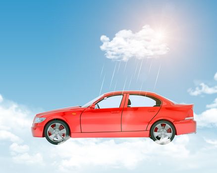 Nature blue sky background with red car and rain drops