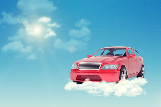 Red car on cloud in blue sky