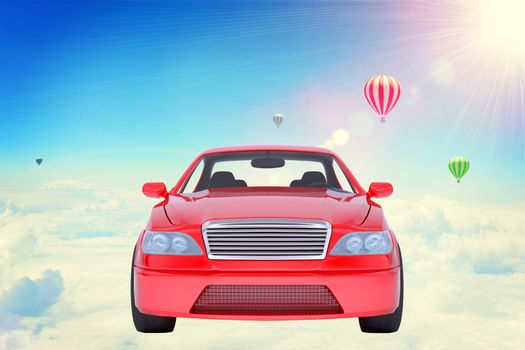Red car on clouds with balloons in blue sky