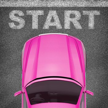 Pink car on grey texture background with words, top view