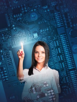Businesswoman pressing on holographic screen and looking at camera on abstract motherboard background