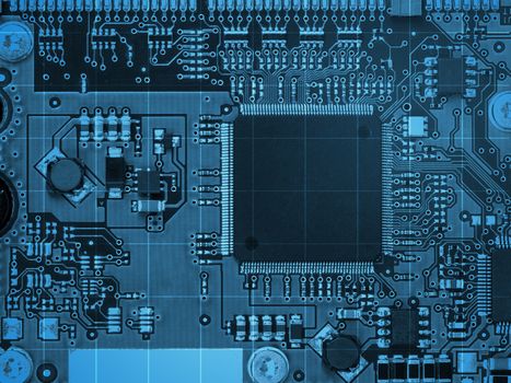 Abstract blue motherboard background with electronic chip, top view