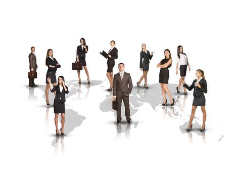 Attractive business people standing on world map
