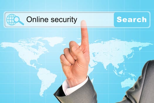Businessmans hand on abstract blue background with words online security in browser and world map