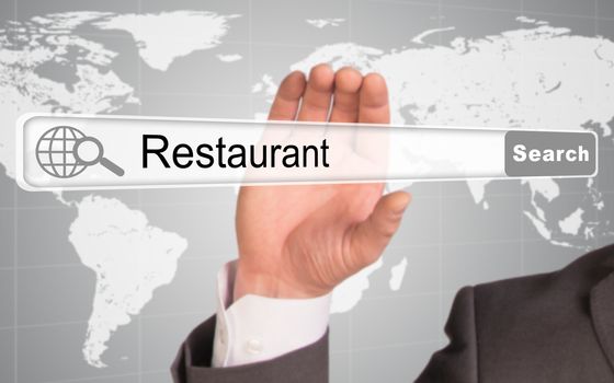 Businessmans hand holding browser with word restaurant abstract background