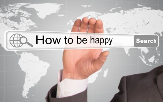 Businessmans hand holding browser with words how to be happy on abstract background