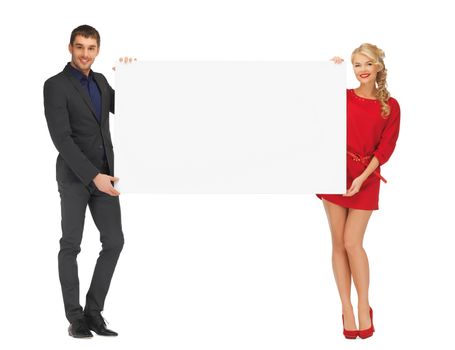 advertising and fashion concept - smiling couple holding big blank white board