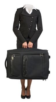 Businesswoman body standing with flight bag on isolated background