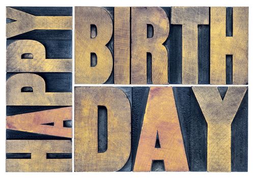 happy birthday greetings card - isolated text abstract - letterpress wood type printing blocks scaled to a rectangle
