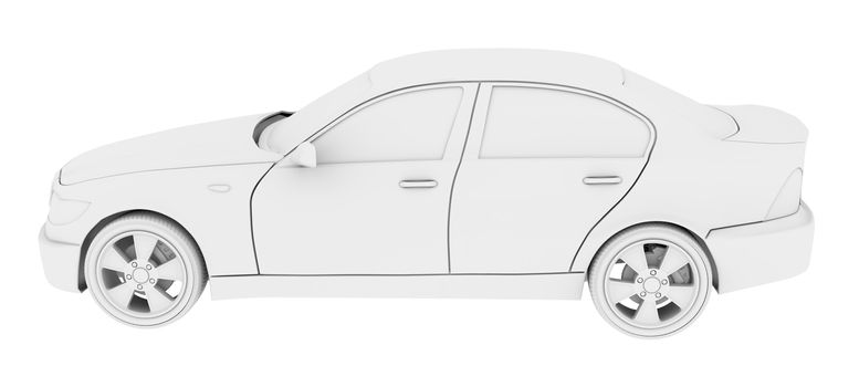 White car model on isolated white background, side view