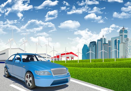 Car with wind generators and petrol station on urban background 