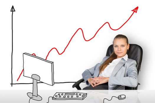 Relaxed businesswoman sitting in chair and looking at camera with graph on background