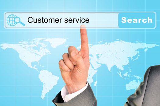 Businessmans hand on abstract blue background with words customer service in browser and world map