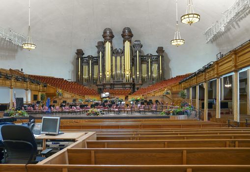 Salt Lake City, UT, USA - May 13, 2008: Interior of the Salt Lake Tabernacle with one of the largest pipe organs in the world.