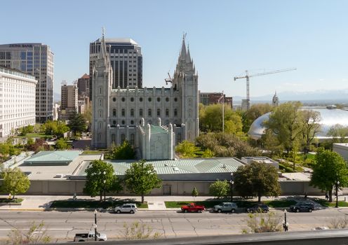 Salt Lake City, UT, USA - May 13, 2008: View at the Temple Square with the Salt Lake Temple in center and Salt Lake Tabernacle at right.