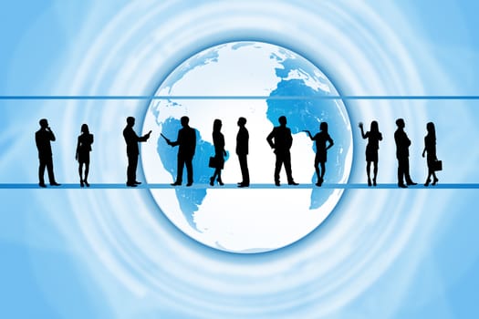 Silhouettes of business people in different postures on abstract background with earth. Elements of this image furnished by NASA