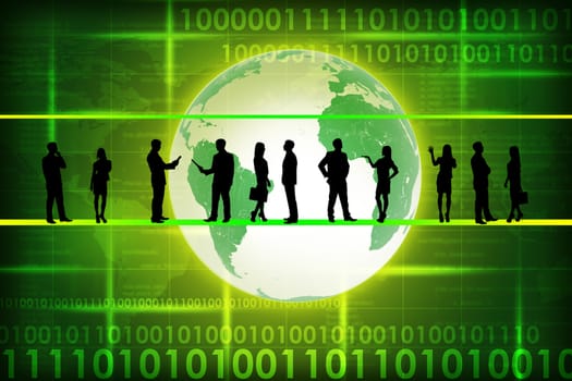 Silhouettes of business people in different postures on abstract green background with earth. Elements of this image furnished by NASA