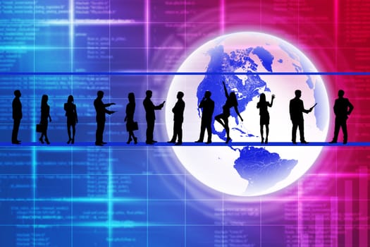 Silhouettes of business people in different postures on abstract colorful background with earth. Elements of this image furnished by NASA