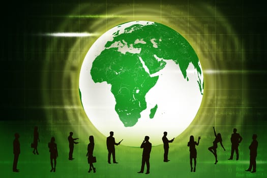 Silhouettes of business people in different postures on abstract green background with earth. Elements of this image furnished by NASA