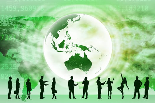 Silhouettes of business people in different postures on abstract green background with earth and fog. Elements of this image furnished by NASA
