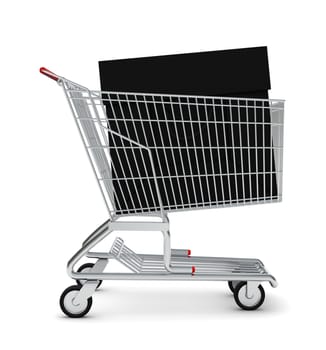 Black bag in shopping cart on isolated white background