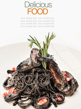 Italian cuisine squid ink spaghetti and seafood.