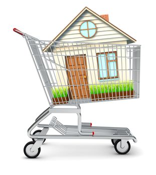 House in shopping cart on isolated white background