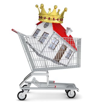 House with crown in shopping cart on isolated white background