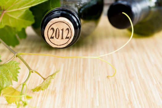 Wine bottle with vine and wine cork put on the board.