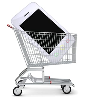 Smartphone in shopping cart on isolated white background