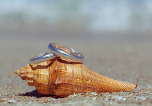 Wedding rings put on the beach side.