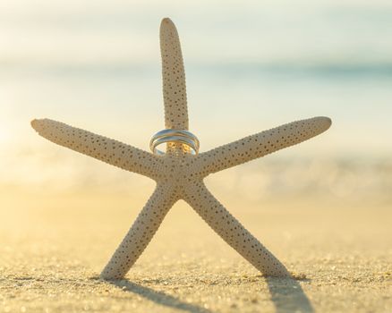 Wedding rings put on the beachside.