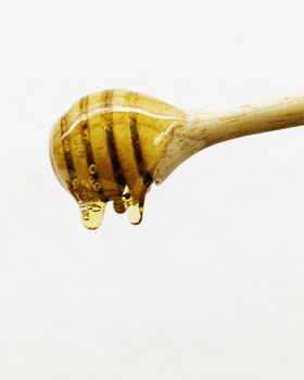 Golden honey dripping  with wooden dipper.