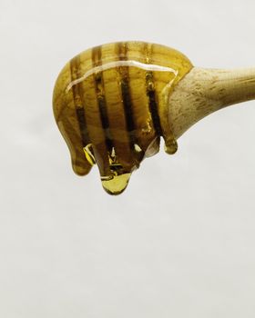 Golden honey dripping  with wooden dipper.
