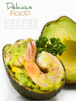 Avocado with prawns  salad  ,Isolated on a White .