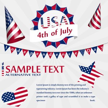 Independence Day USA Card with monogram, party hat, flag, star and sample text
