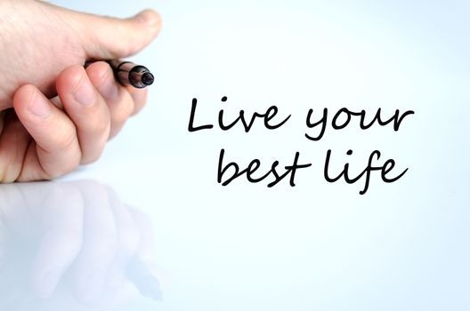 Pen in the hand isolated over white background and text concept