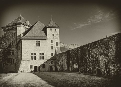 Famous historical Annecy castle vintage style, France