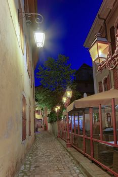 Annecy old city street by night, France, HDR