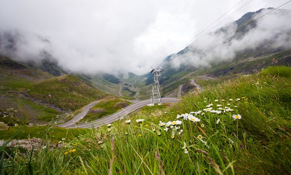 Transfagarasan mountain road with from Romania covered with fog