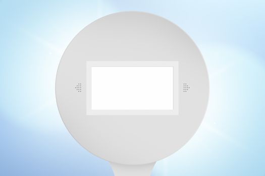 Close up front view of white blank screen with copy space, on shiny blue background.